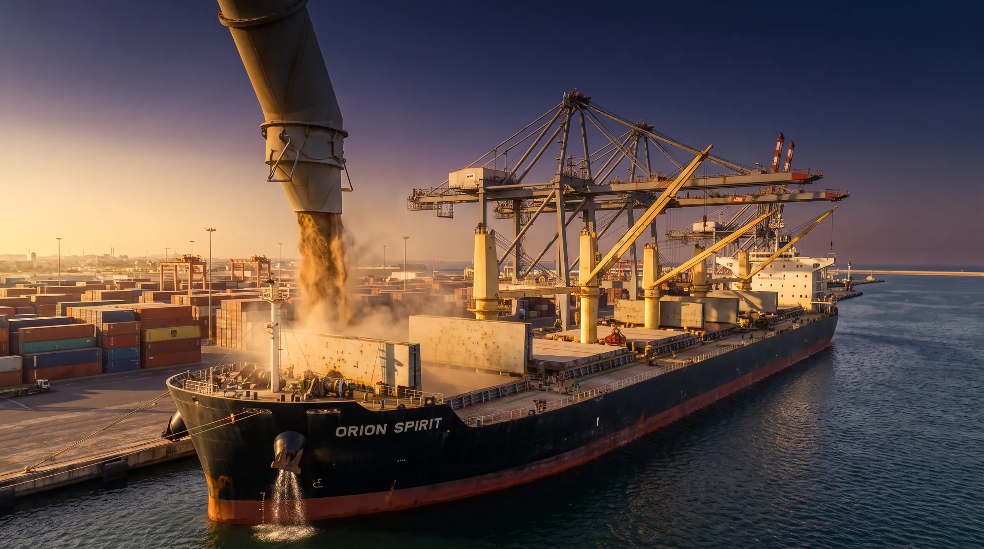 Bulk cargo ship loading grain at port