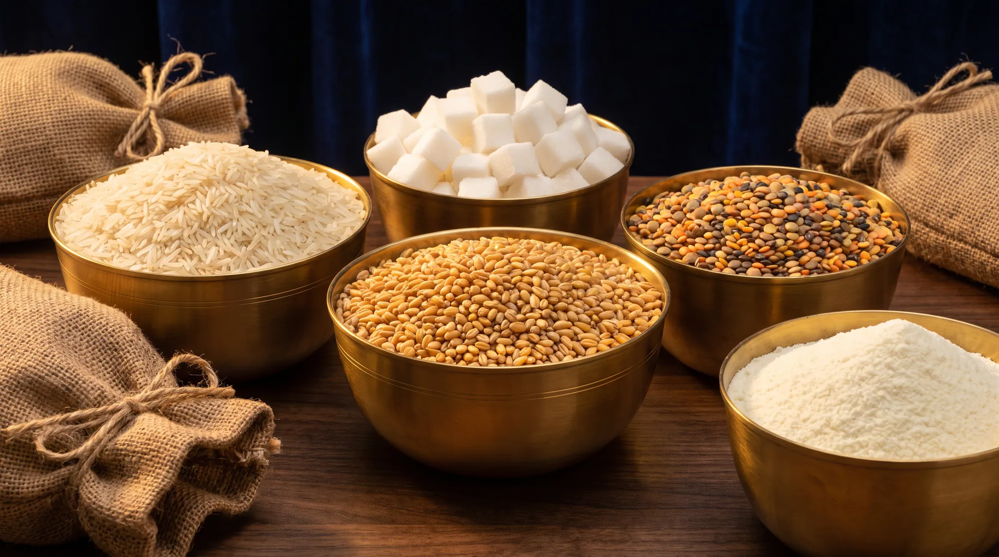 Rice, sugar, grains and pulses in brass bowls