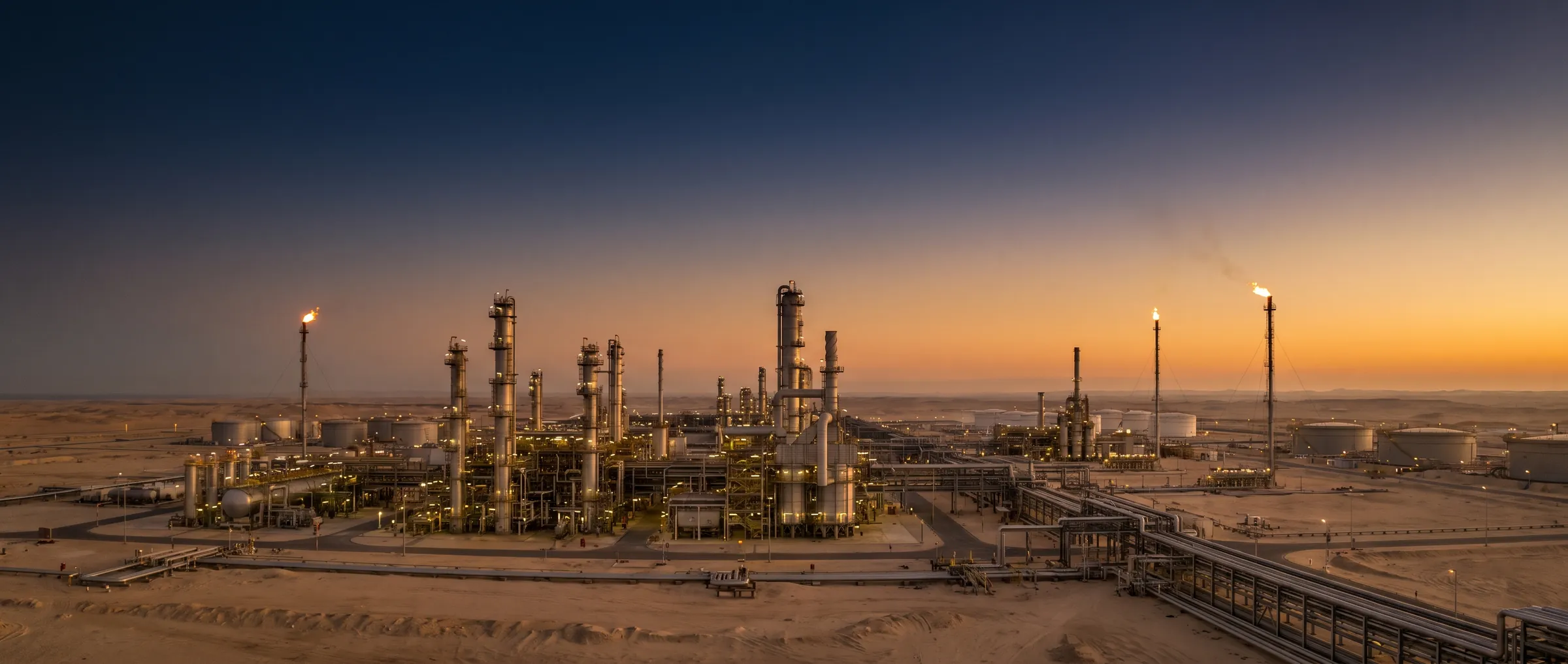 Oil refinery in the Qatar desert at golden hour